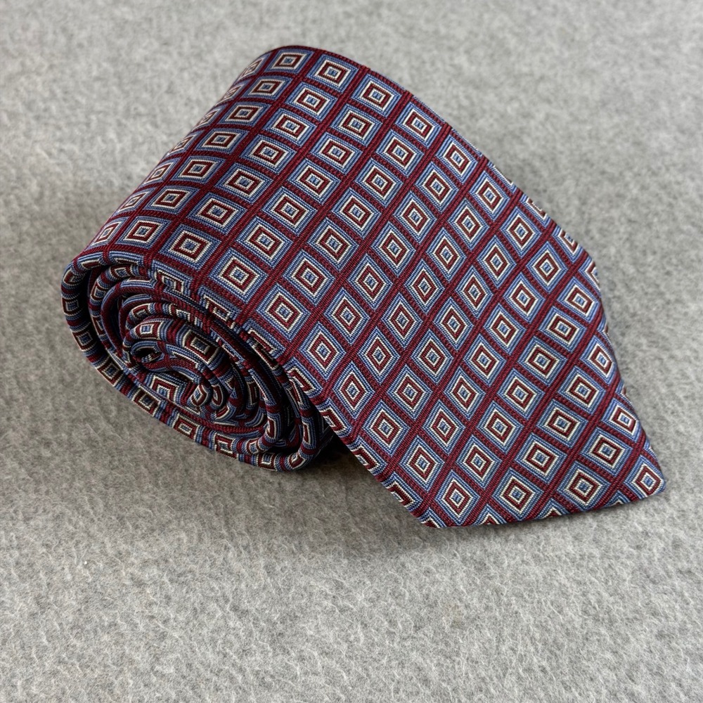 Brooks Brothers 346 Mens Silk Tie Burgundy Blue Geometric Square Pattern 60x3.75